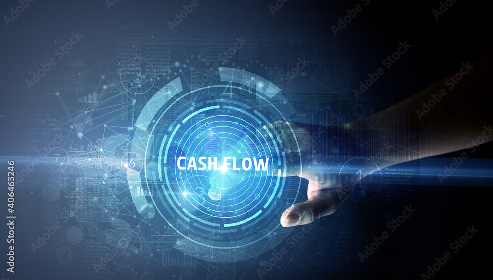 Hand touching CASH FLOW button, modern business technology concept Hand touching CASH FLOW button, modern business technology concept