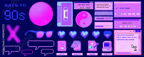 8-bit art message with pixel hearts. Vaporwave trendy retro user interface like in old operating systems.