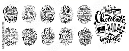 Chocolate hand lettering quotes set. Warm winter word composition. Vector design elements for t-shirts, bags, posters, cards, stickers and menu