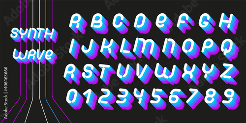 Synthwave font. Letters of 70s-80s aesthetics. Vector alphabet in retro futurism style.