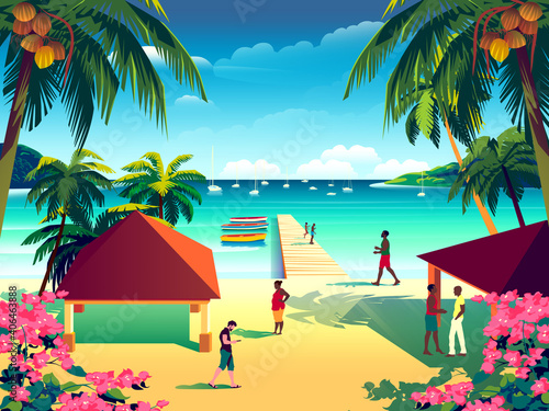Tropical Island landscape with traditional houses, palm trees, yachts, flowers, islands and the sea in the background.