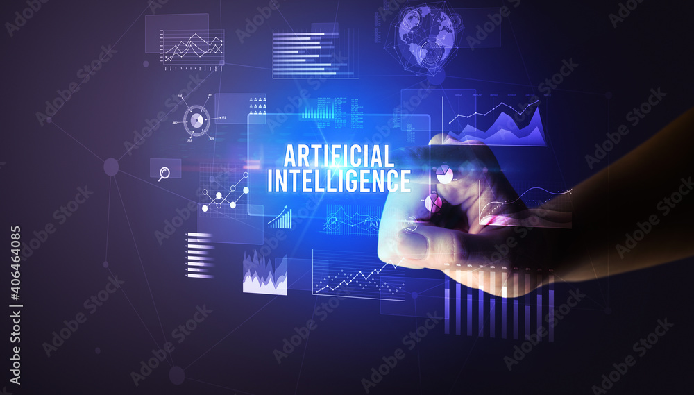 Hand touching ARTIFICIAL INTELLIGENCE inscription, new business technology concept Hand touching ARTIFICIAL INTELLIGENCE inscription, new business technology concept