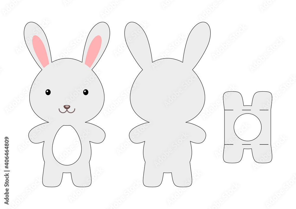 Cute die cut rabbit chocolate egg holder template. Retail paper box for the easter egg. Printable color scheme. Laser cutting vector template. Isolated vector packaging design illustration. Stock Vector