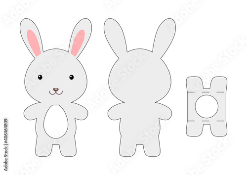 Cute die cut rabbit chocolate egg holder template. Retail paper box for the easter egg. Printable color scheme. Laser cutting vector template. Isolated vector packaging design illustration.