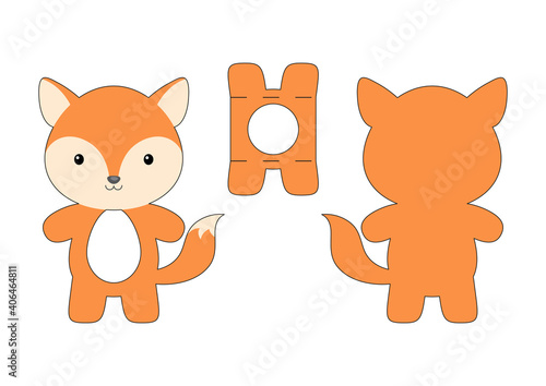 Cute die cut fox chocolate egg holder template. Retail paper box for the easter egg. Printable color scheme. Laser cutting vector template. Isolated vector packaging design illustration.