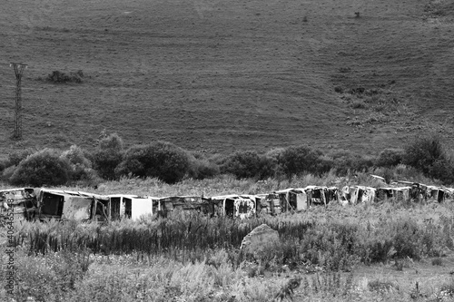 Grayscale of a line of abandoned broken cars in the field of Getik, Gegharkunik Province, Armenia photo