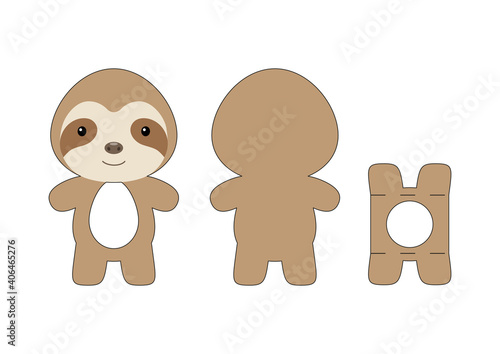 Cute die cut sloth chocolate egg holder template. Retail paper box for the easter egg. Printable color scheme. Laser cutting vector template. Isolated vector packaging design illustration.