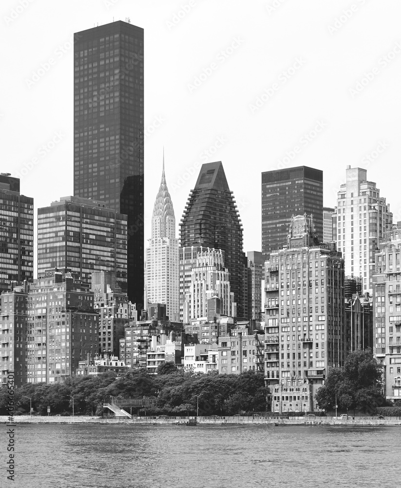 Black and white picture of New York City East River waterfront, US.