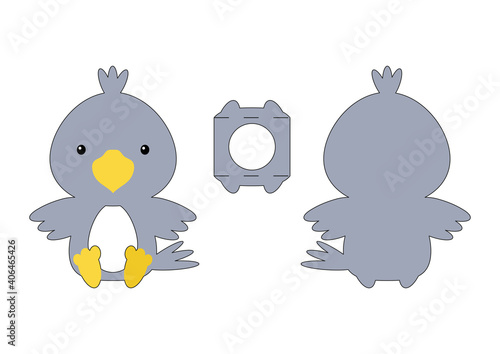 Cute die cut raven chocolate egg holder template. Retail paper box for the easter egg. Printable color scheme. Laser cutting vector template. Isolated vector packaging design illustration.