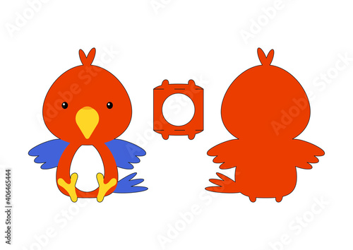 Cute die cut parrot chocolate egg holder template. Retail paper box for the easter egg. Printable color scheme. Laser cutting vector template. Isolated vector packaging design illustration.