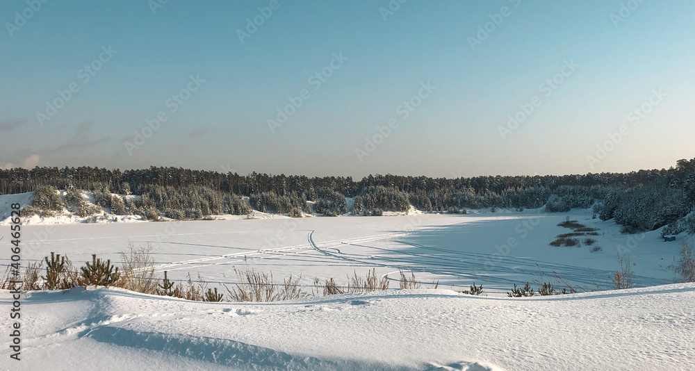 Winter landscape: panoramic scenery in sunny day
