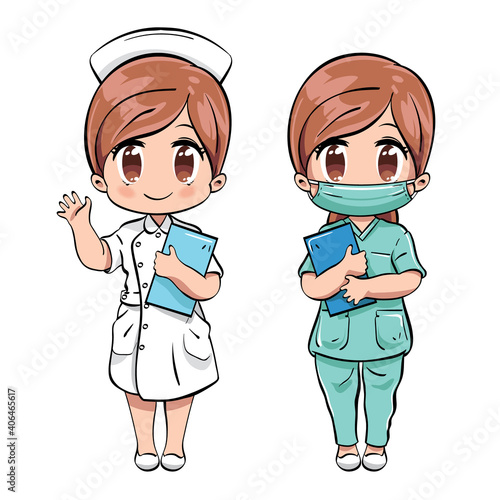 Vector illustration of a cute nurse wearing face mask, holding a folder and waving her hand. Drawn in kawaii chibi style.