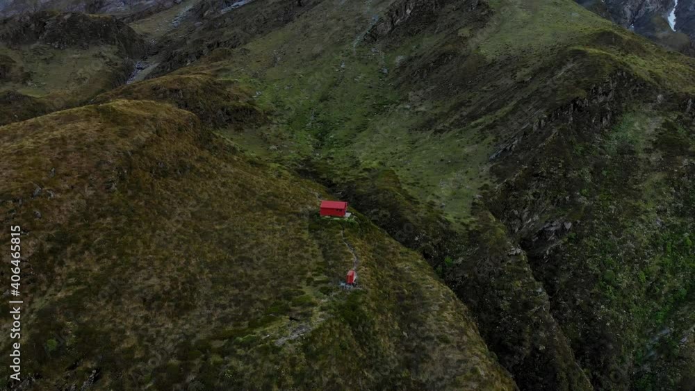 Mount Aspiring National Park, New Zealand - Remote Hut in Beautiful Mountain Landscape, Aerial Tilt-up