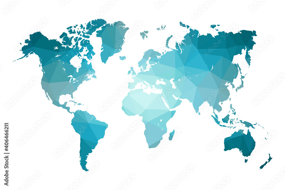 Low poly map of world. World map made of triangles. Blue polygonal shape vector illustration on white background. Vector illustration eps 10.