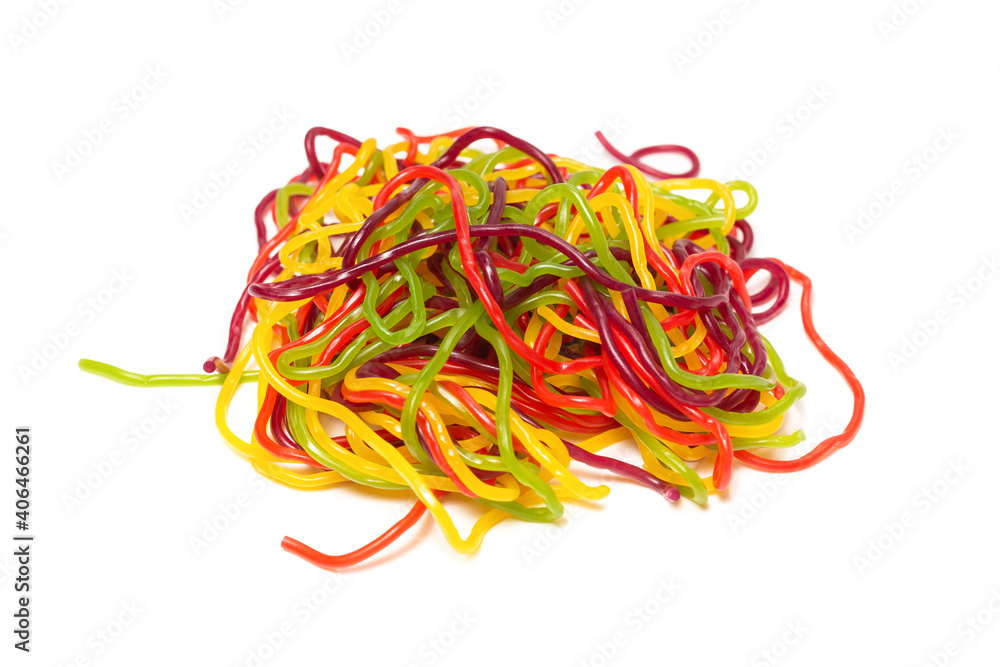 Tasty jelly spaghetti isolated on white background. Candy stripes.