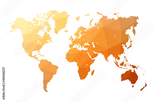 Low poly map of world. World map made of triangles. Orange polygonal shape vector illustration on white background. Vector illustration eps 10.