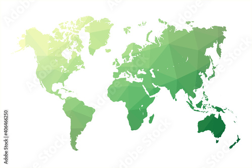 Low poly map of world. World map made of triangles. Green polygonal shape vector illustration on white background. Vector illustration eps 10.