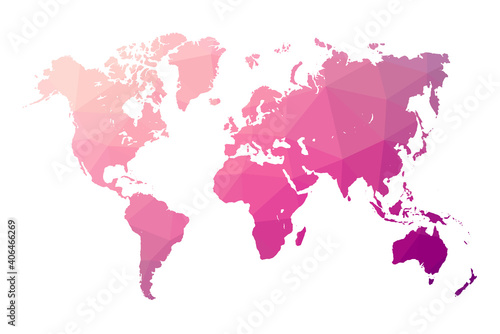 Low poly map of world. World map made of triangles. Pink polygonal shape vector illustration on white background. Vector illustration eps 10.