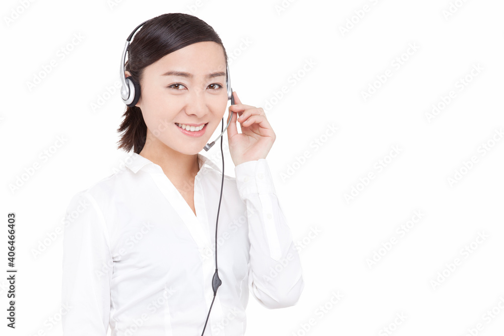 portrait of Business woman wearing earphones smiling portrait of Business woman wearing earphones smiling