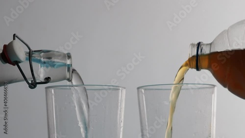 clean water bottle and dirty water bottle filling two glasses, concept climate change and water pollution