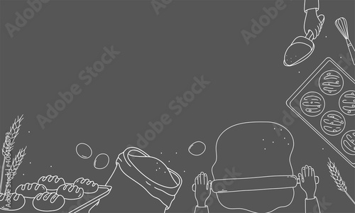 Bakery poster with space for your text. Home-made bread. Hands with a rolling pin and dough, ingredients for making bread and spikelets. White outline on a dark background. Template.