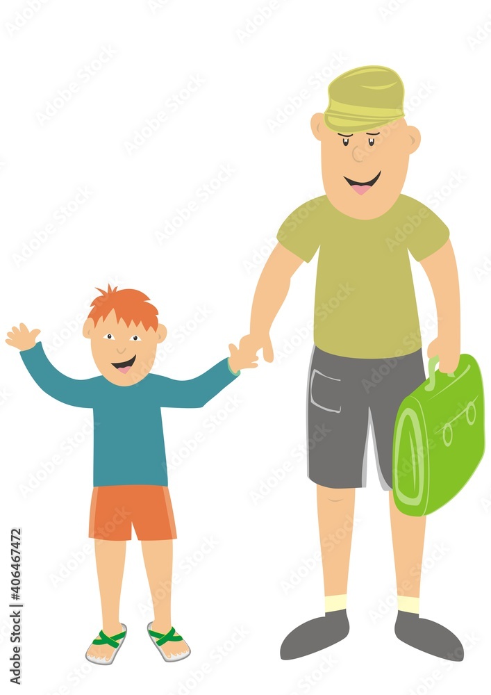 Father and boy with school bag. First day in school, vector illustration.
