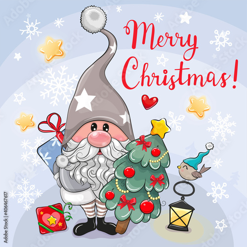 Cartoon Gnome with christmas tree on a blue background