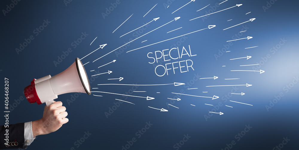 Young girl screaming to megaphone with SPECIAL OFFER inscription, shopping concept Young girl screaming to megaphone with SPECIAL OFFER inscription, shopping concept
