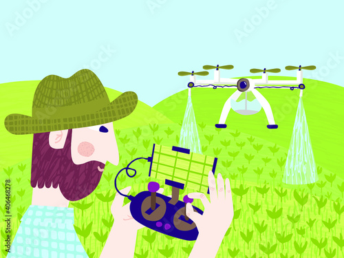 Caucasian man controls drone with remote control and phone. Agricultural equipment for spraying plant on fields. Farming technology concept. Hand drawn flat style banner. Modern vector illustration