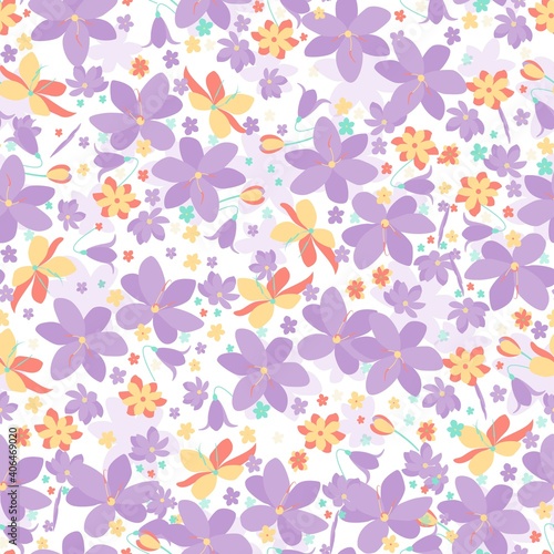 Seamless flower pattern. Vector illustration. Spring flowers pattern in violet, yellow color. A pattern of flowers of delicate, light color