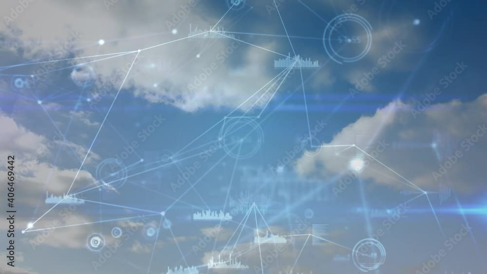 Animation of network of connections with data processing on sky with clouds Animation of network of connections with data processing on sky with clouds