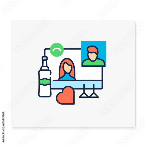 Online Valentines Day color icon. Meeting together concept. Live stream holiday celebration. Social distanced party. Remote public event, community. Isolated vector illustration