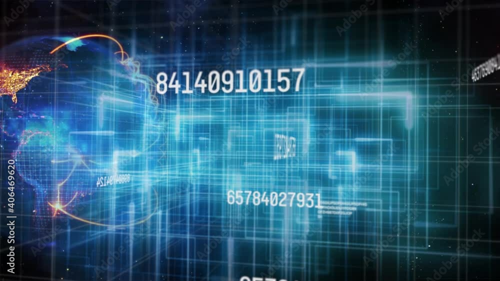 Digital animation of changing numbers and light trails over globe against night sky Digital animation of changing numbers and light trails over globe against night sky