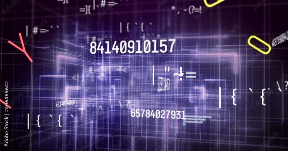 Digital animation of changing numbers and symbols and purple light trails moving against black backg Digital animation of changing numbers and symbols and purple light trails moving against black backg