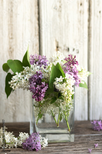 A bouquet of spring purple and white lilacs in a vase on a light wood background. Glass transparent container with water. Rustic aromatic composition. Soft focus