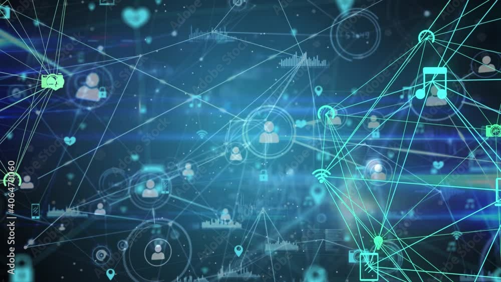 Animation of network of connections with social media icons over blue background Animation of network of connections with social media icons over blue background