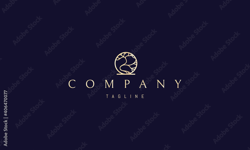 Fototapeta premium Vector golden logo on which an abstract image of a sakura tree in the form of a circle.