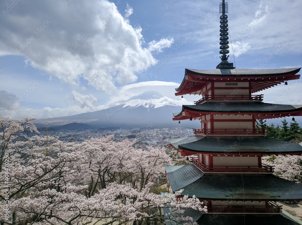 Classic Japanese view of Mount Fuji near the Chureito Pagoda.