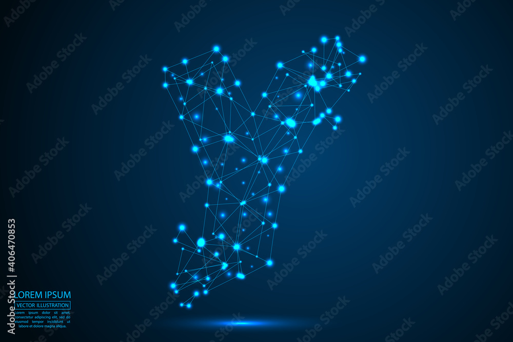 The destruction of the abstract font of English letters consists 3d of triangles, lines, dots and connections. On a dark blue background cosmic universe stars, meteorites, galaxies. Vector eps 10.