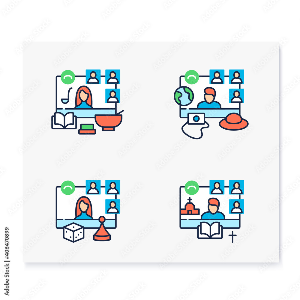 Fototapeta premium Meeting together line icons set. Online conference concept. Live stream. Social distanced dinner, travel, game, church and more. Remote video communication. Isolated vector illustrations
