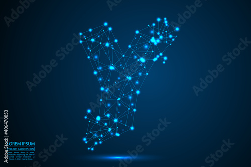 The destruction of the abstract font of English letters consists 3d of triangles, lines, dots and connections. On a dark blue background cosmic universe stars, meteorites, galaxies. Vector eps 10.