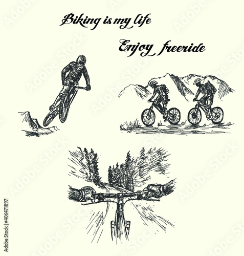 Set of extreme mountain biking illustrations.Hand drawn,sketch style,isolated,vector.
