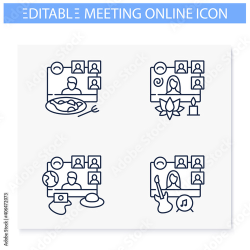 Meeting together line icons set. Online conference concept. Live stream. Social distanced dinner, travel, concert and more. Remote video communication. Isolated vector illustrations. Editable stroke