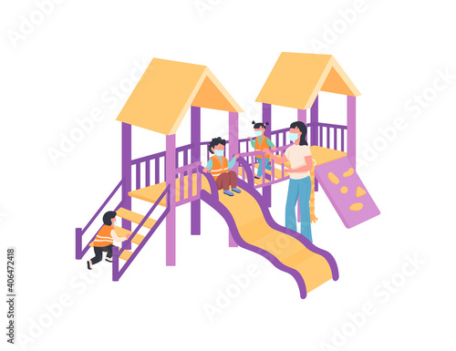 Children and babysitter in medical mask on playground flat color vector faceless characters. Covid precaution and health safety isolated cartoon illustration for web graphic design and animation