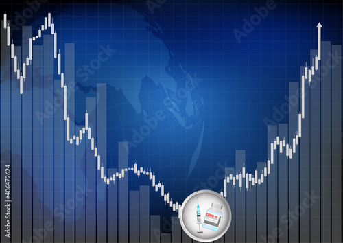 Vector : Reverse business graph with virus vaccine and worldmap