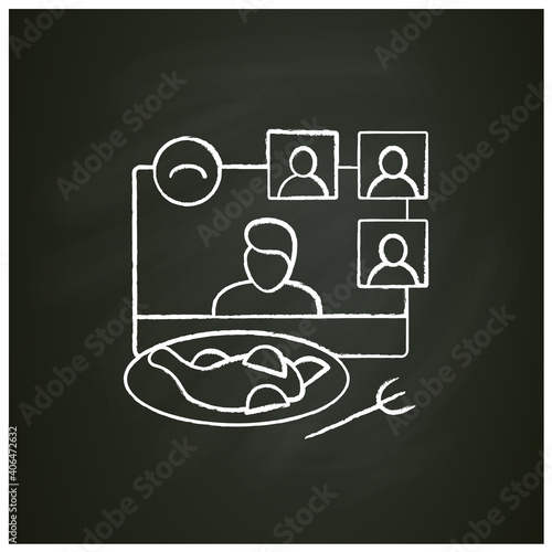 Online dinner party chalk icon. Meeting together concept. Live stream holiday celebration. Social distanced party. Remote public event, community. Isolated vector illustration on chalkboard