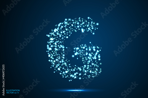 English letters abstract font consists 3d of triangles, lines, dots and connections. On a dark blue background cosmic universe stars, meteorites, galaxies. Vector illustration EPS 10.