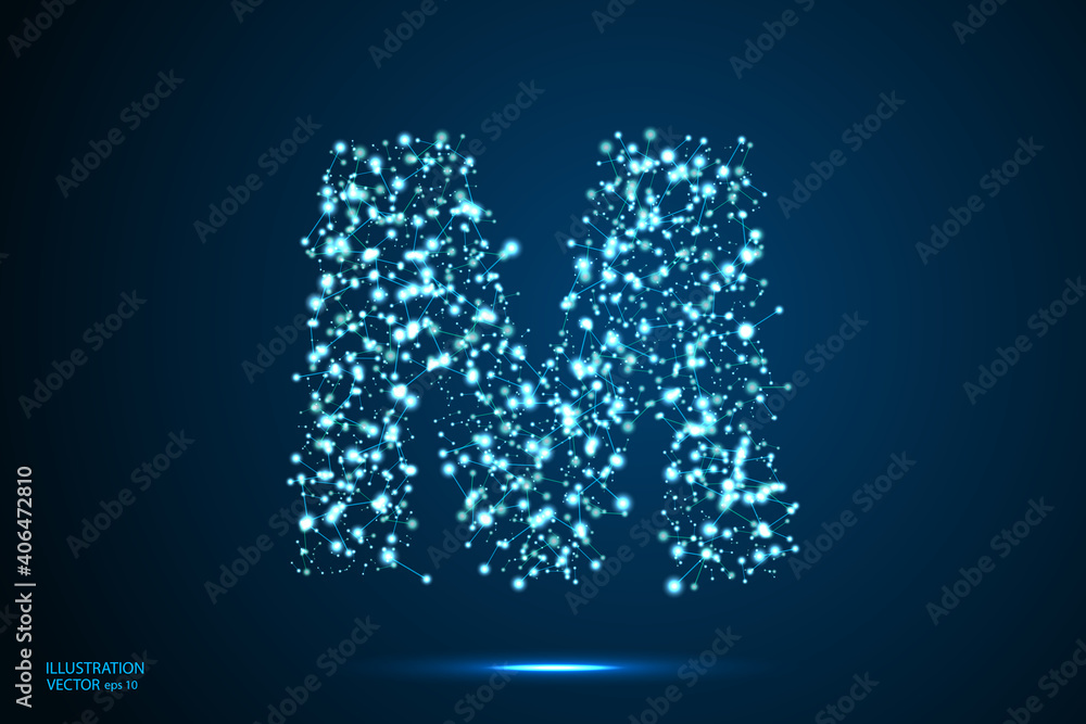 English letters abstract font consists 3d of triangles, lines, dots and connections. On a dark blue background cosmic universe stars, meteorites, galaxies. Vector illustration EPS 10.