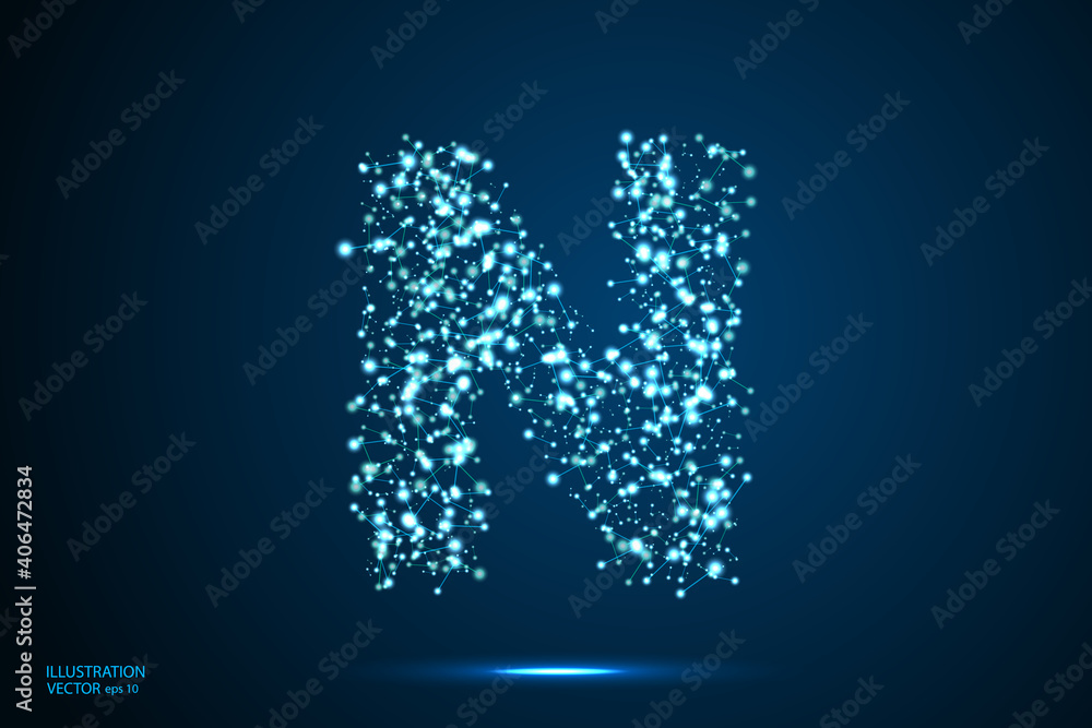 English letters abstract font consists 3d of triangles, lines, dots and connections. On a dark blue background cosmic universe stars, meteorites, galaxies. Vector illustration EPS 10.