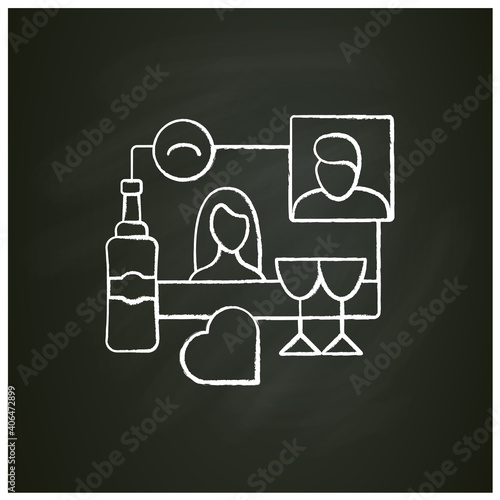 Online Valentines Day chalk icon. Meeting together concept. Live stream holiday celebration. Social distanced party. Remote public event, community. Isolated vector illustration on chalkboard